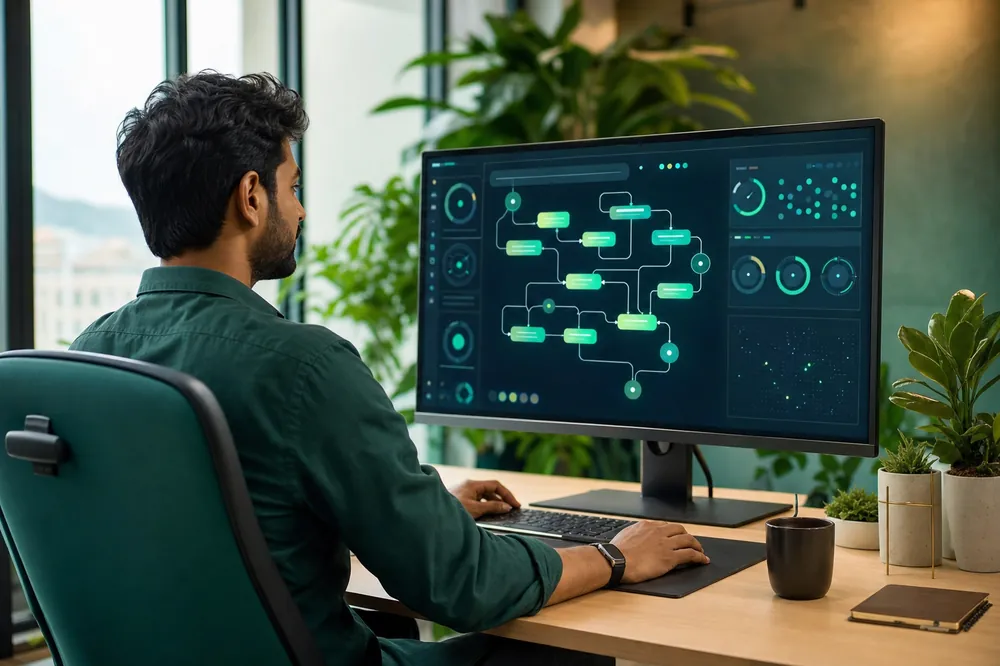 Marketer using an AI marketing automation dashboard at Blucor Techno Kharadi